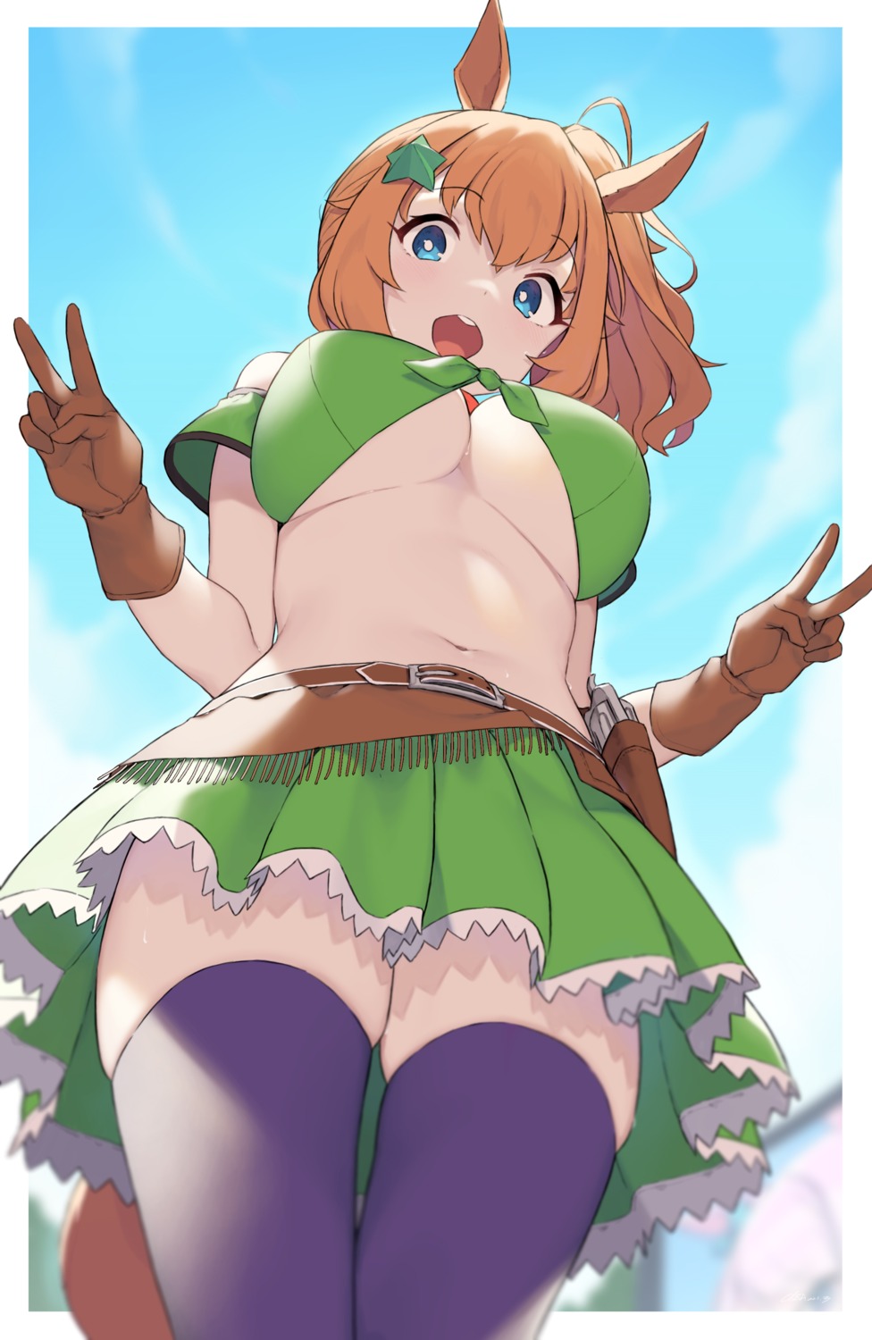 animal_ears, cleavage, cloba, taiki_shuttle_(umamusume), tail, thighhighs, uma_musume_pretty_derby, underboob, weapon