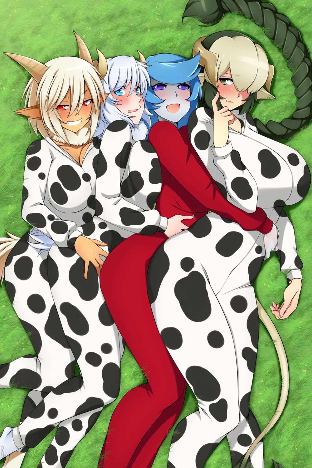 animal_ears, horns, lindaroze, merino_(monster_musume), monster_girl, monster_musume_no_iru_nichijou, pajama, saane, tail, urt_(monster_musume)