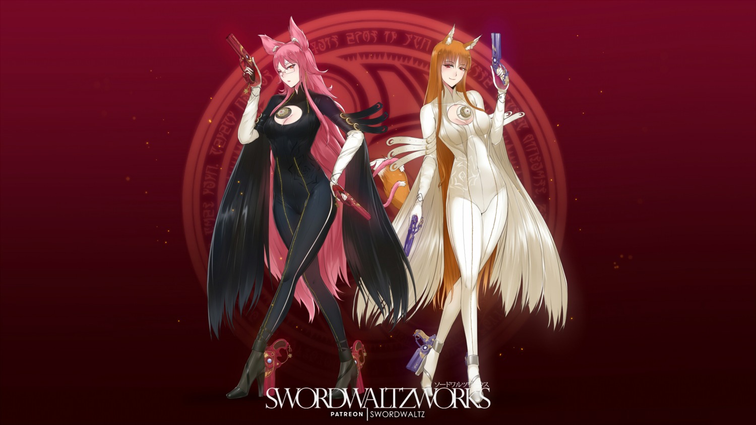 animal_ears, bayonetta, bayonetta_(character), blazblue, bodysuit, cosplay, gun, heels
