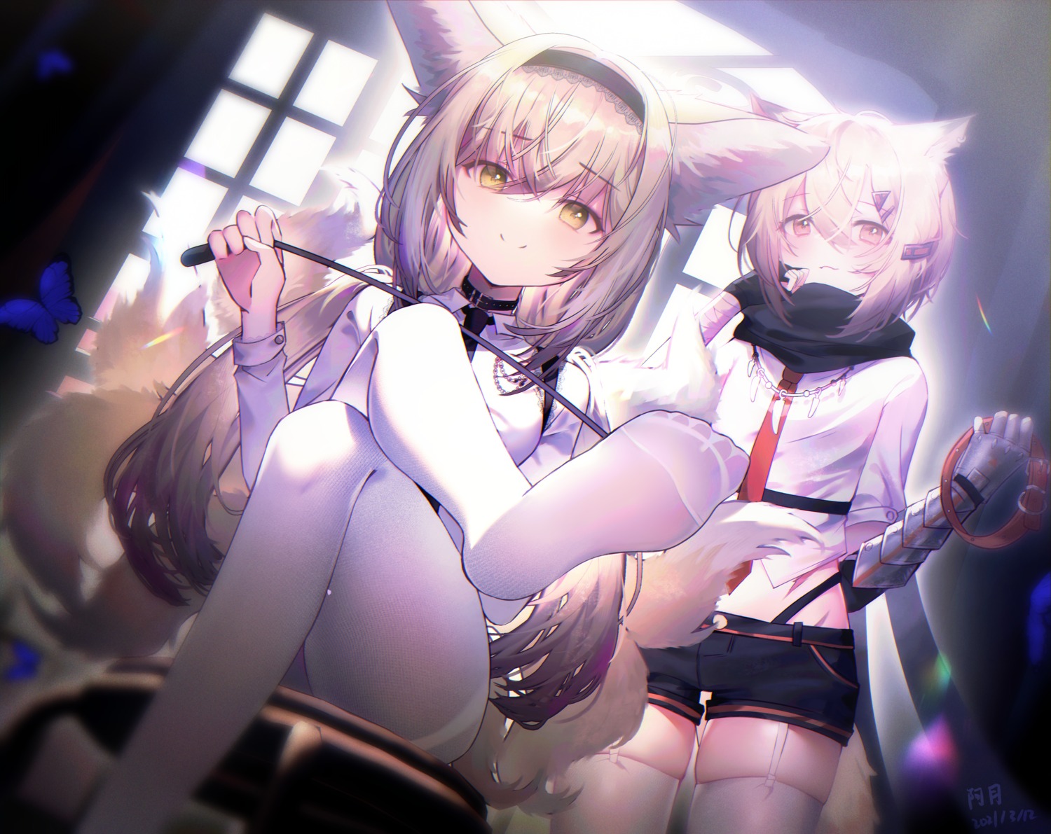 animal_ears, arknights, armor, feet, kitsune, moonlgnance, pantsu, stockings, suzuran_(arknights), tail, thighhighs, vermeil_(arknights), weapon