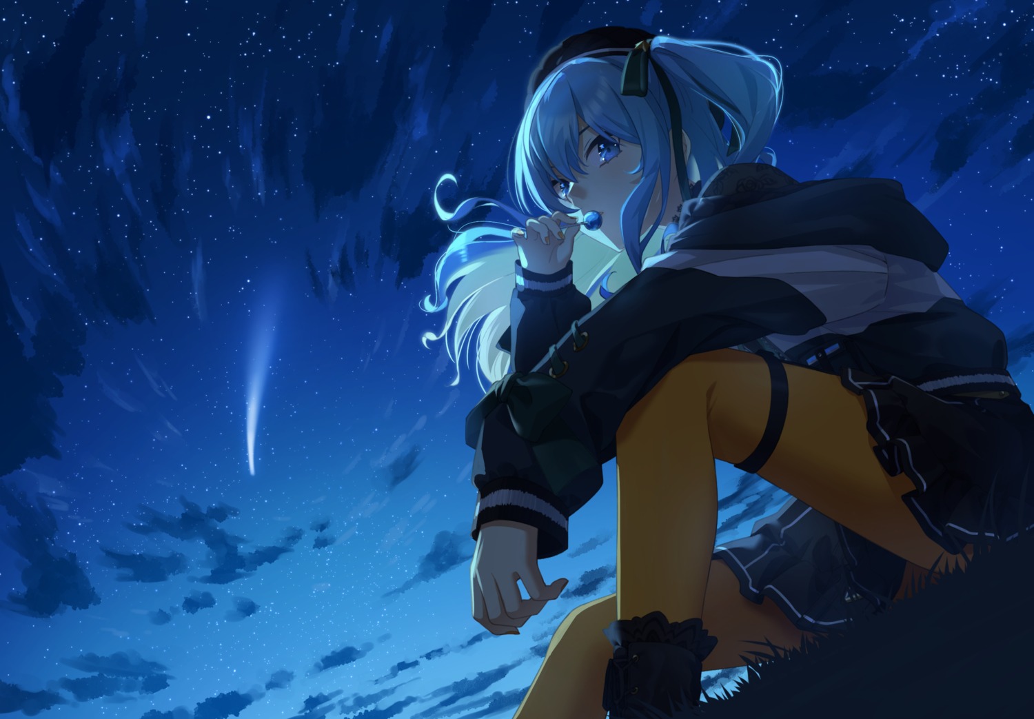 akabino, garter, hololive, hoshimachi_suisei, pantyhose, skirt_lift