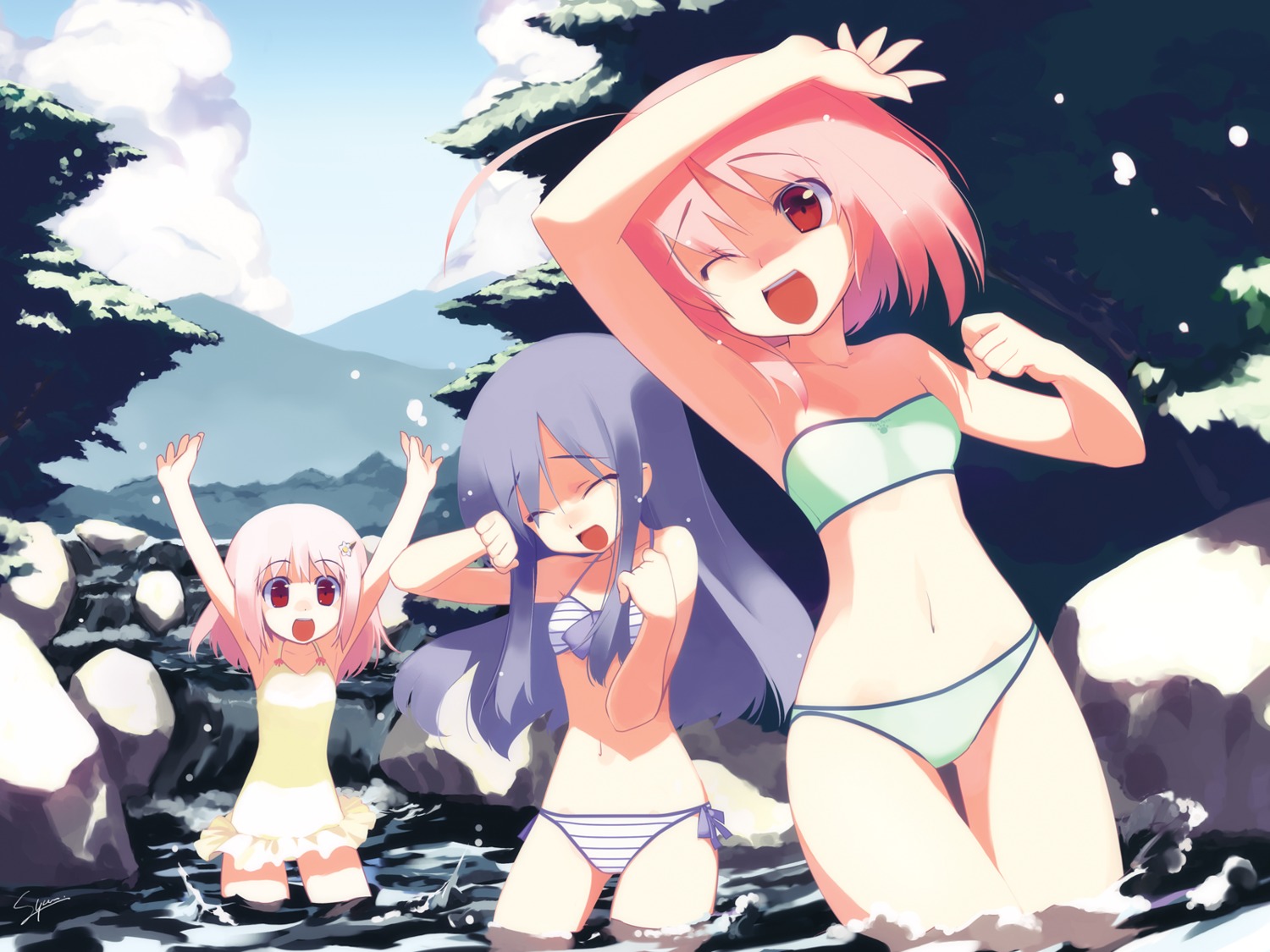 akino_momiji, bikini, cuffs, kiriyama_sakura, sakura_musubi, sera_karen, sumaki_shungo, swimsuits