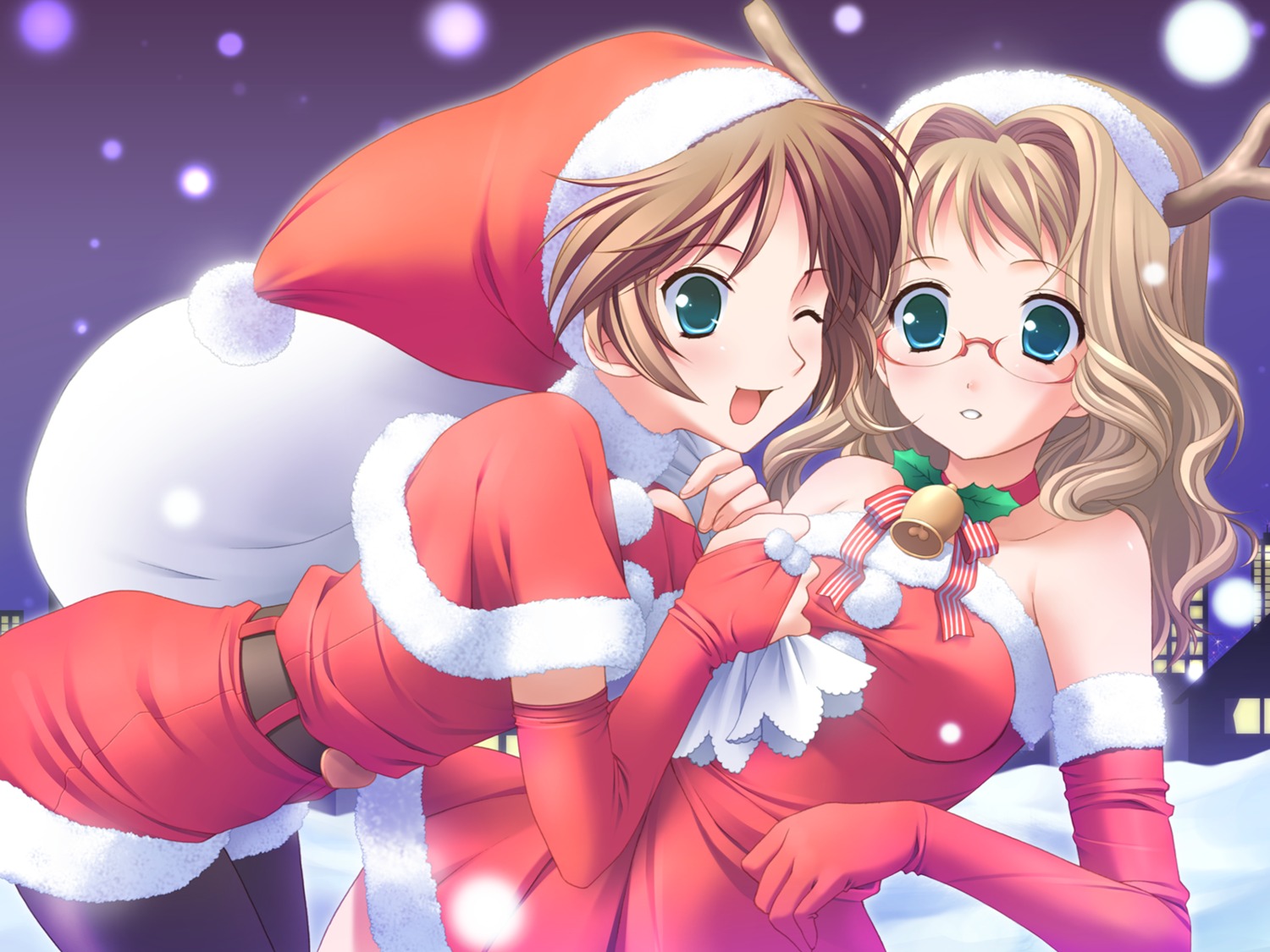 christmas, cuffs, hazuki_mao, hazuki_rio, megane, oniichan_daaisuki!, pantyhose, wallpaper, yuhki_mitsuru