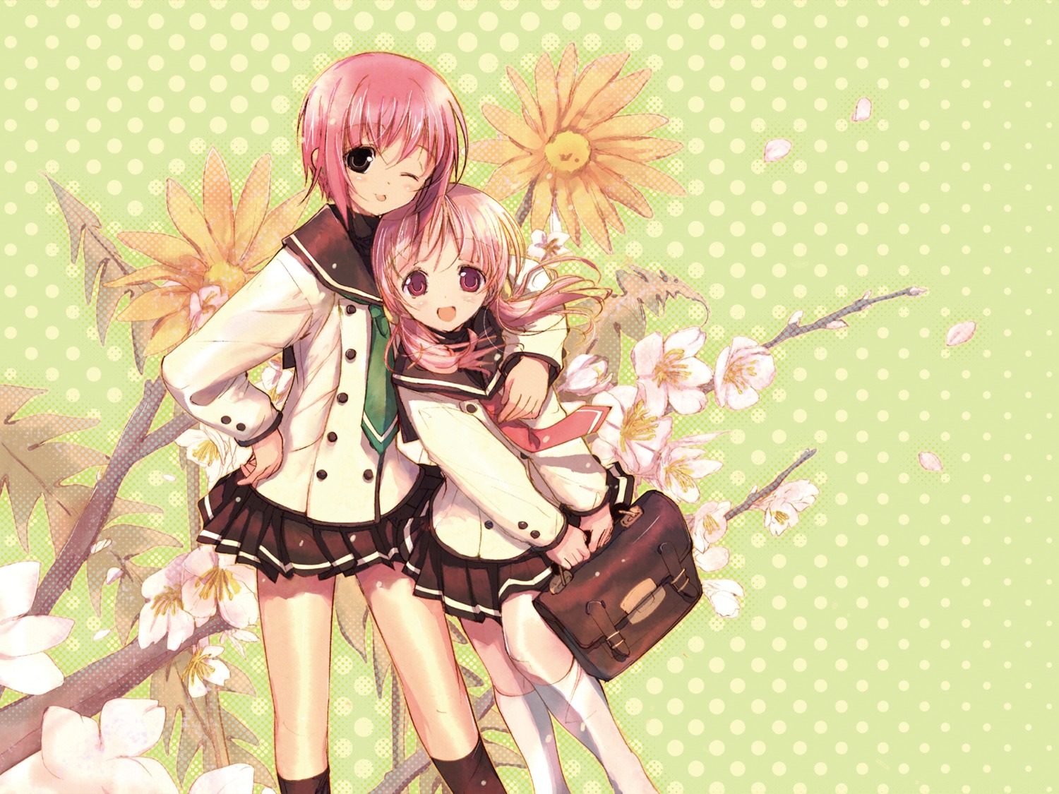 akino_momiji, cuffs, kiriyama_sakura, ozaki_hiroki, sakura_musubi, seifuku, wallpaper