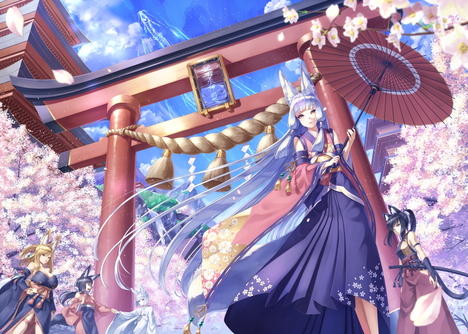 animal_ears, cleavage, japanese_clothes, kazuki_seihou, sword, tail, thighhighs, umbrella