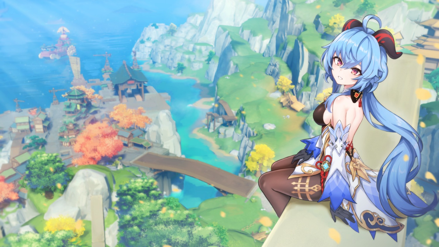 asian_clothes, ganyu, genshin_impact, gomrang, horns, landscape, no_bra
