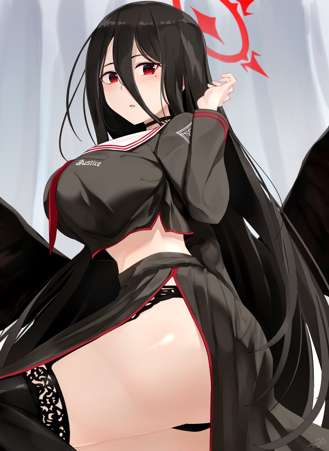 angel, blue_archive, hanekawa_hasumi, minggoo, pantsu, seifuku, skirt_lift, stockings, thighhighs, thong, wings