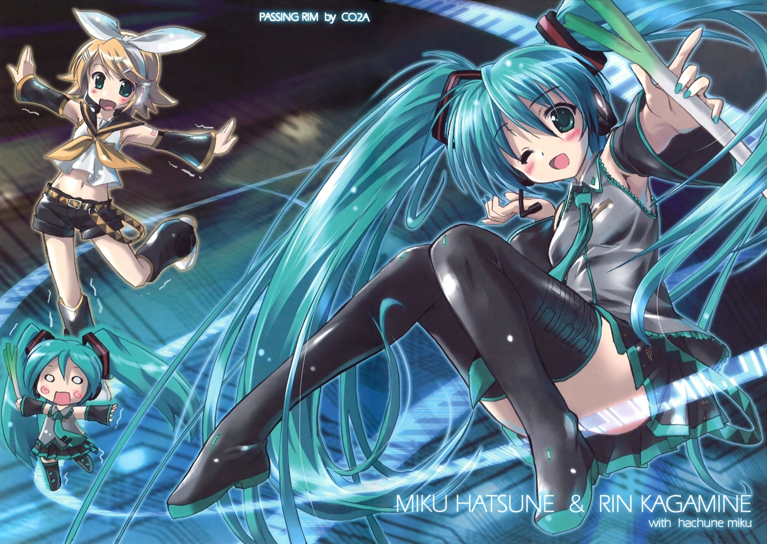 chibi, fixed, hachune_miku, hatsune_miku, headphones, kagamine_rin, komatsu_e-ji, thighhighs