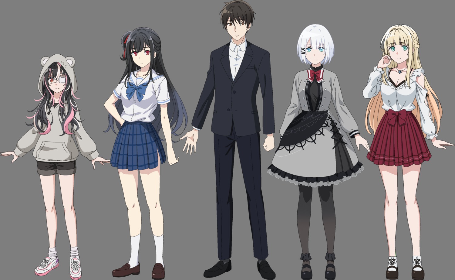 animal_ears, business_suit, charlotte_arisaka_anderson, dress, eyepatch, kimizuka_kimihiko, natsunagi_nagisa, saikawa_yui
