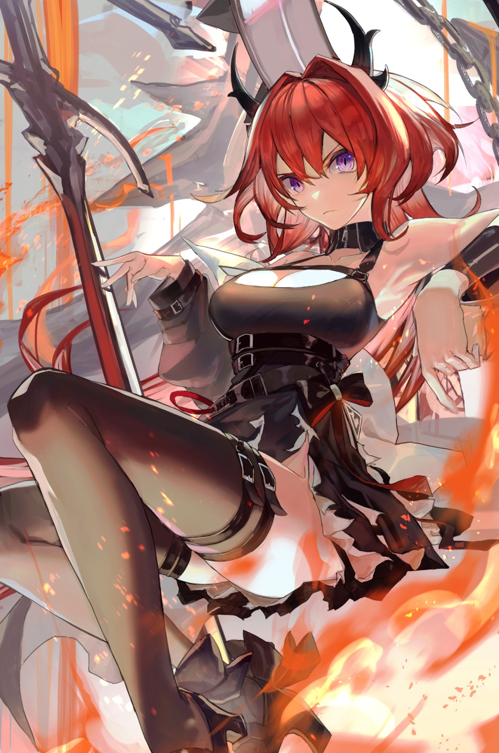 arknights, garter, heels, horns, karasuro, surtr_(arknights), thighhighs, weapon