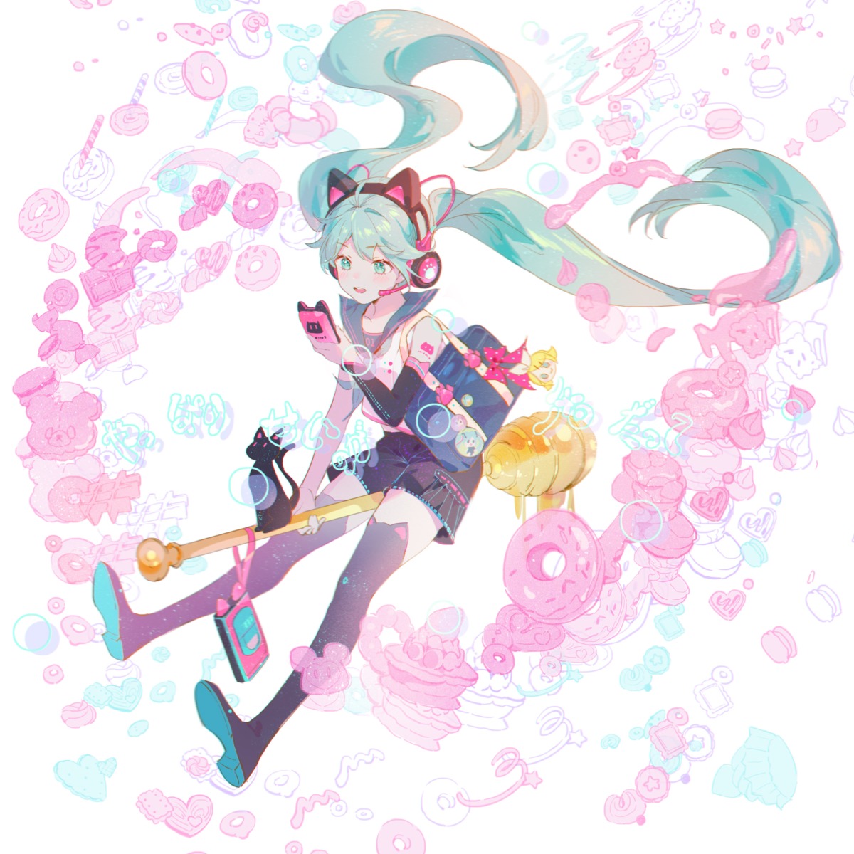 animal_ears, balabling, hatsune_miku, headphones, neko, nekomimi, seifuku, tattoo, thighhighs, vocaloid