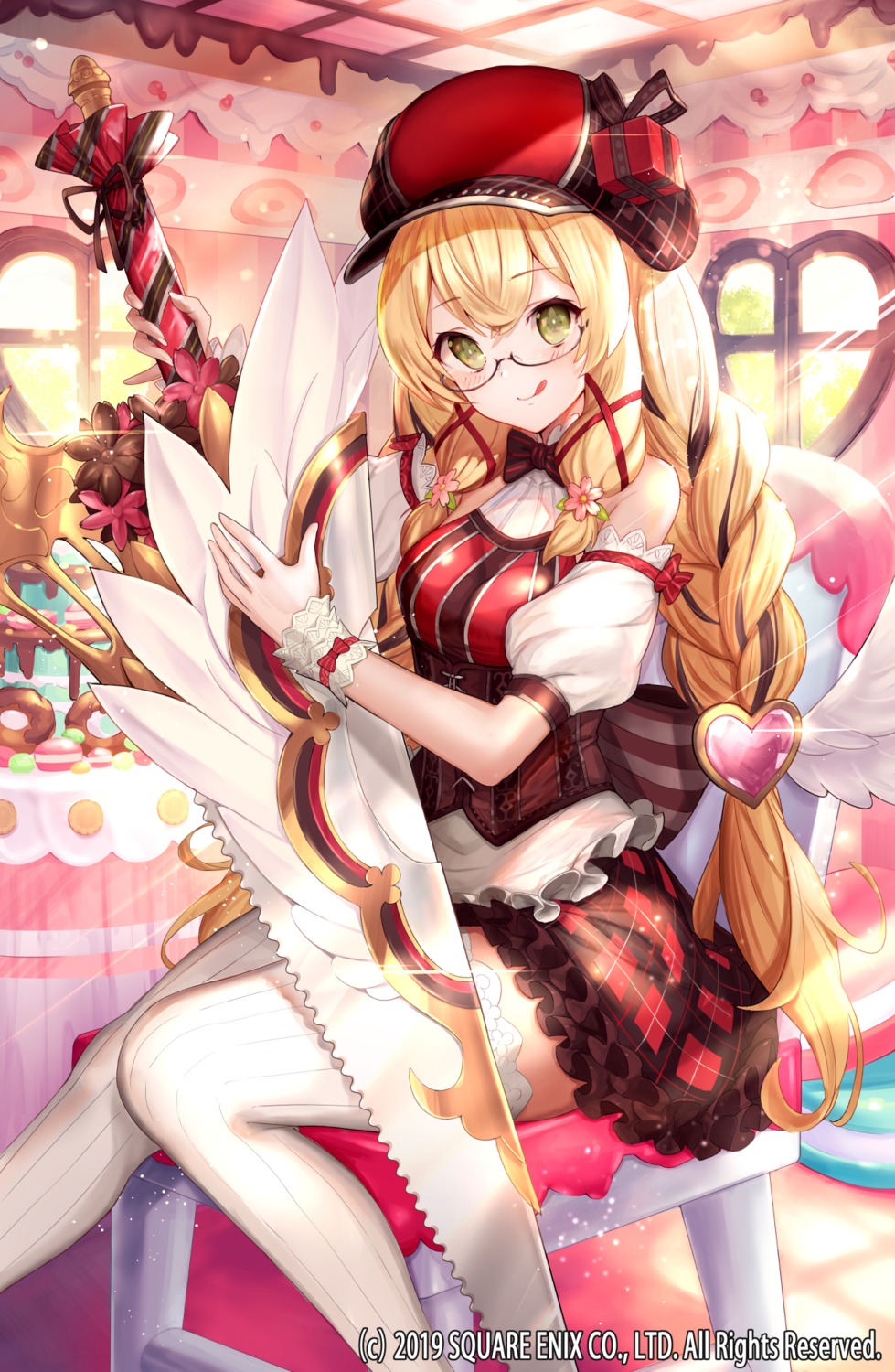 grimms_echoes, matsumoto_mitsuaki, megane, thighhighs, weapon, wings