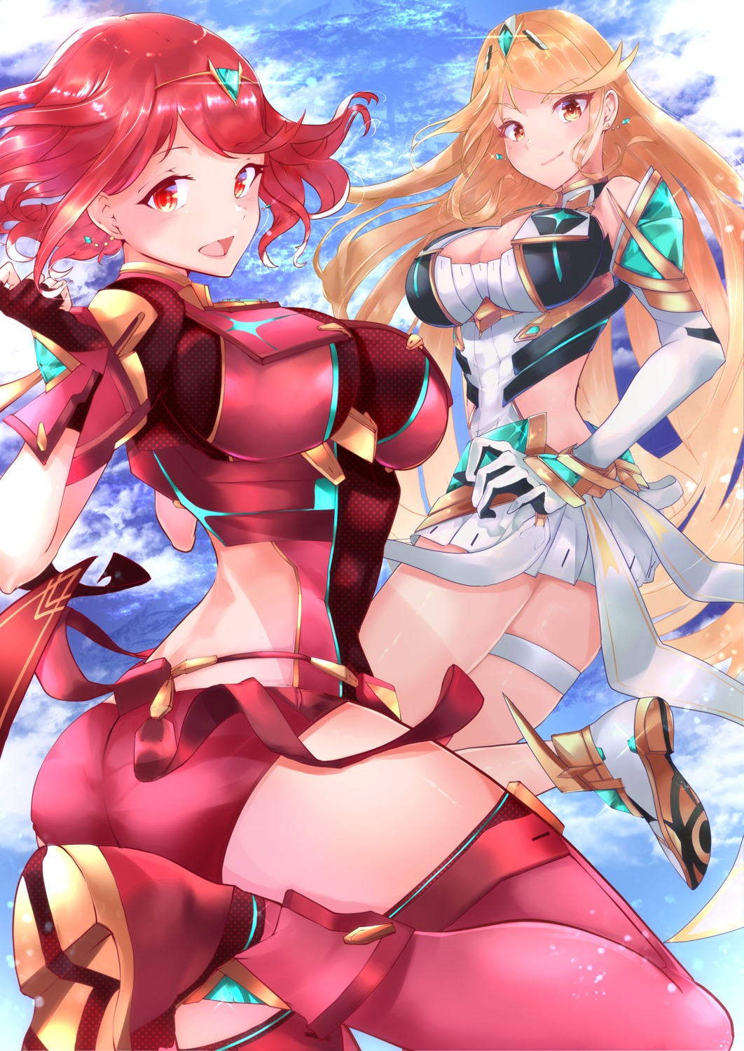 ass, bodysuit, cleavage, garter, hikari_(xenoblade_2), homura_(xenoblade_2), risumi, thighhighs
