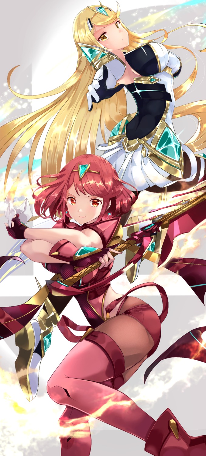 armor, bodysuit, hikari_(xenoblade_2), homura_(xenoblade_2), pantyhose, risumi, sword, xenoblade_(series)