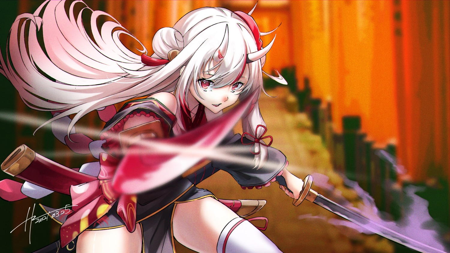 hololive, horns, hz_(helu_2), japanese_clothes, nakiri_ayame, sword, thighhighs