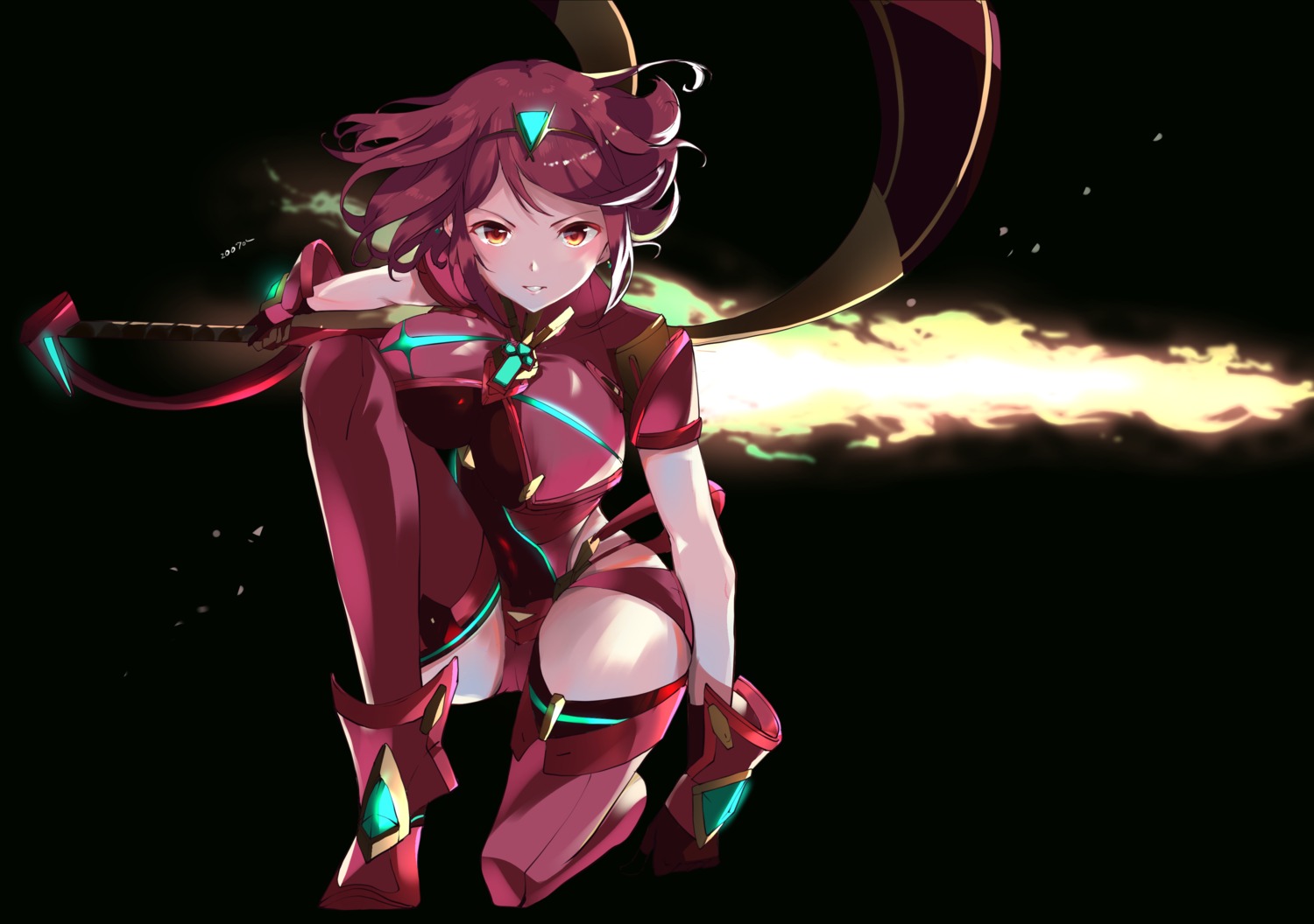 armor, bodysuit, homura_(xenoblade_2), risumi, sword, thighhighs, xenoblade_(series), xenoblade_2