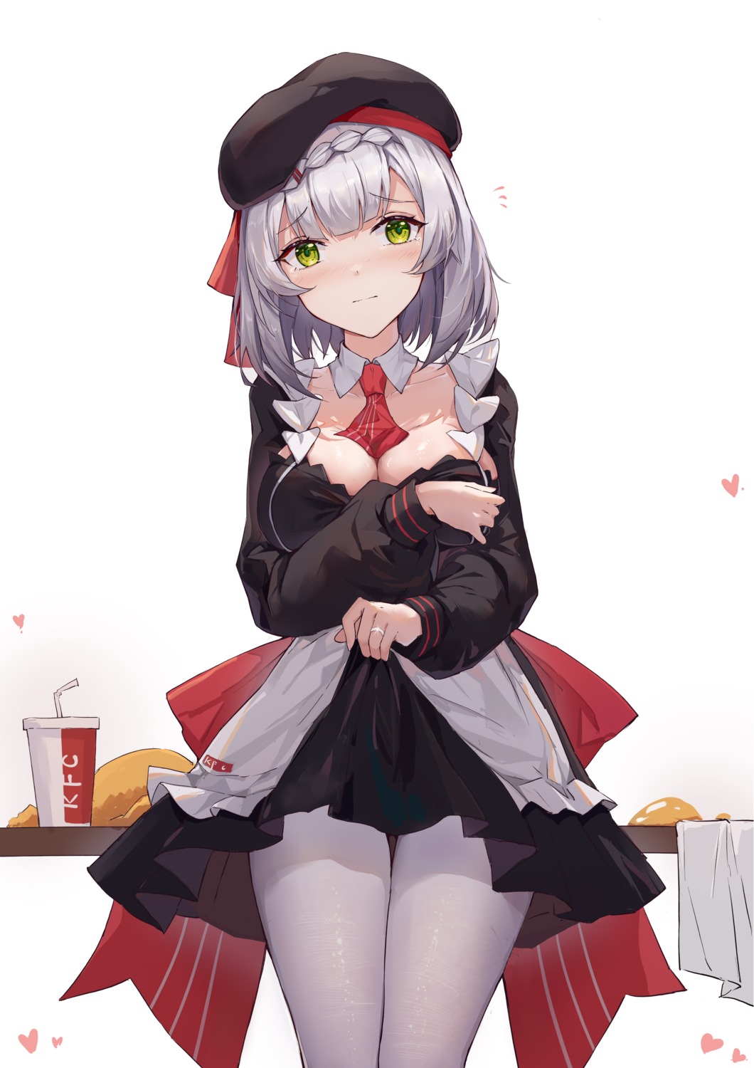 breast_hold, cleavage, genshin_impact, kentucky_fried_chicken, noelle_(genshin_impact), pantyhose, skirt_lift, waitress, yajuu