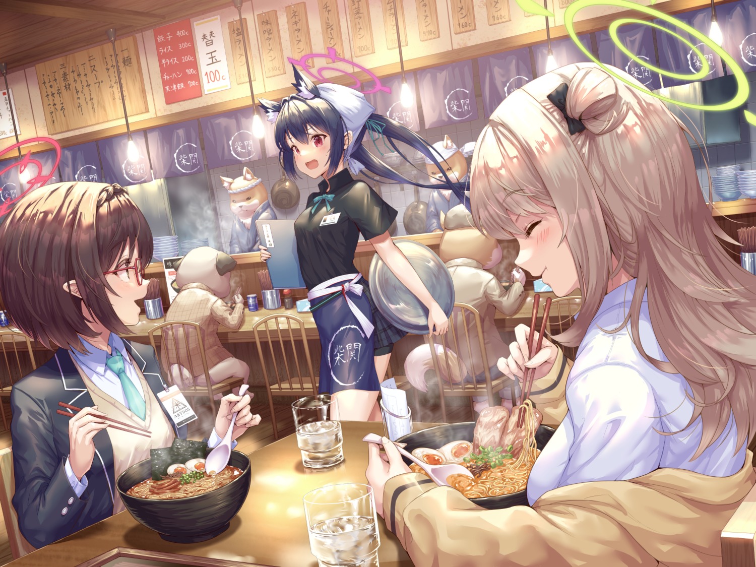 animal_ears, blue_archive, halo, hirokazu_(analysis-depth), izayoi_nonomi, kuromi_serika, megane, nekomimi