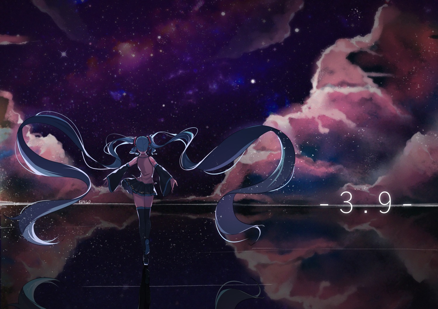 hatsune_miku, landscape, ringo_no_usagi, skirt_lift, tattoo, thighhighs, vocaloid