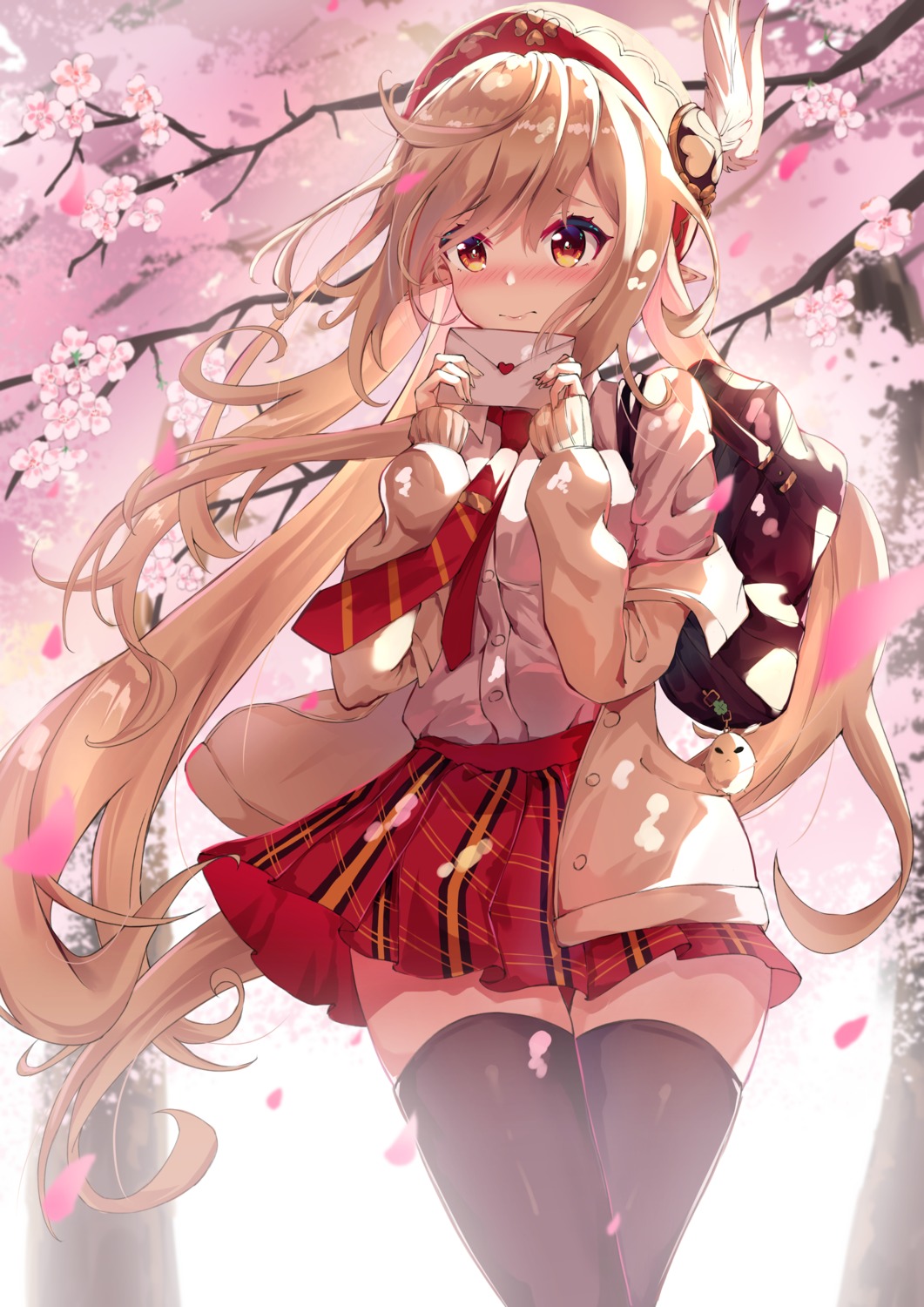 genshin_impact, klee, lankuchashuangjielong, seifuku, skirt_lift, sweater, thighhighs
