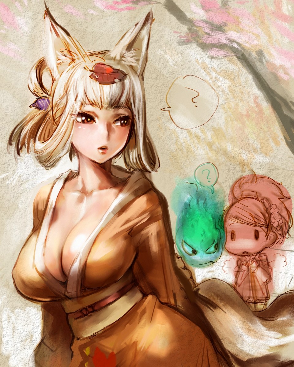 animal_ears, cleavage, kimono, kitsune, kongiku, oboro_muramasa