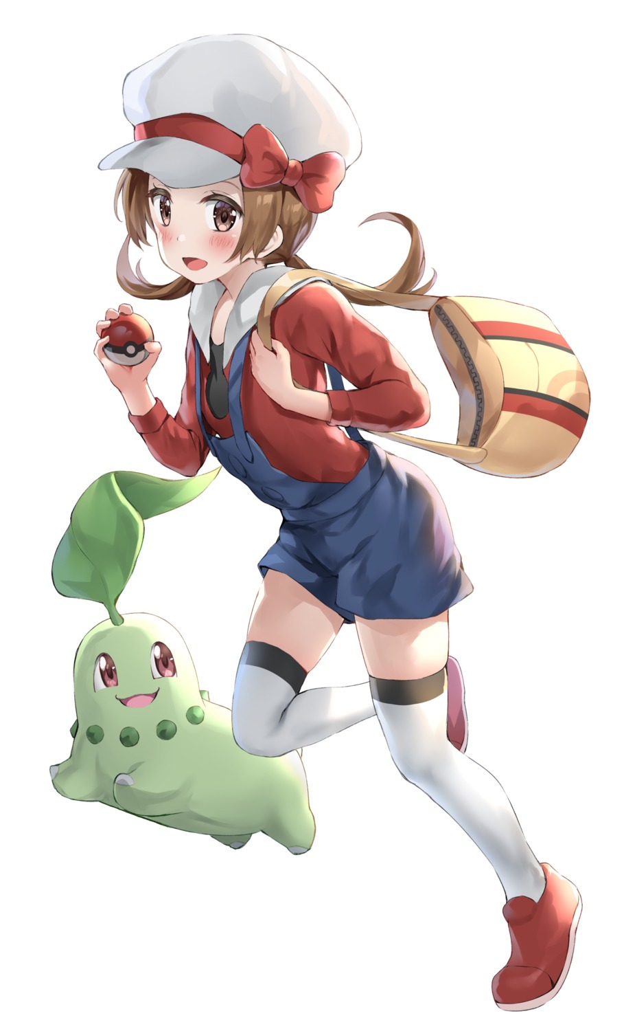 chikorita, kotone_(pokemon), nedia_r, overalls, pokemon, thighhighs