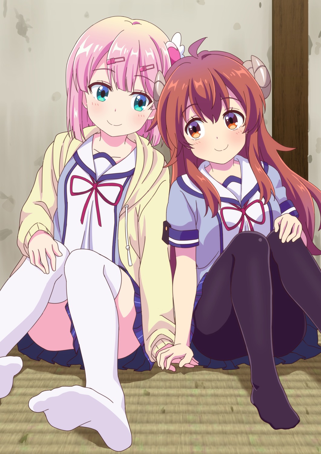 chiyoda_momo, dbmaster, feet, horns, machikado_mazoku, pantyhose, seifuku, skirt_lift