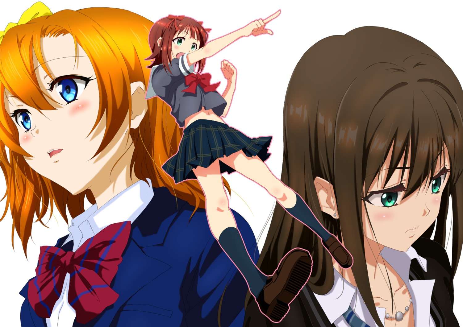 amami_haruka, crossover, dbmaster, kousaka_honoka, love_live!, love_live!_(series), open_shirt, seifuku