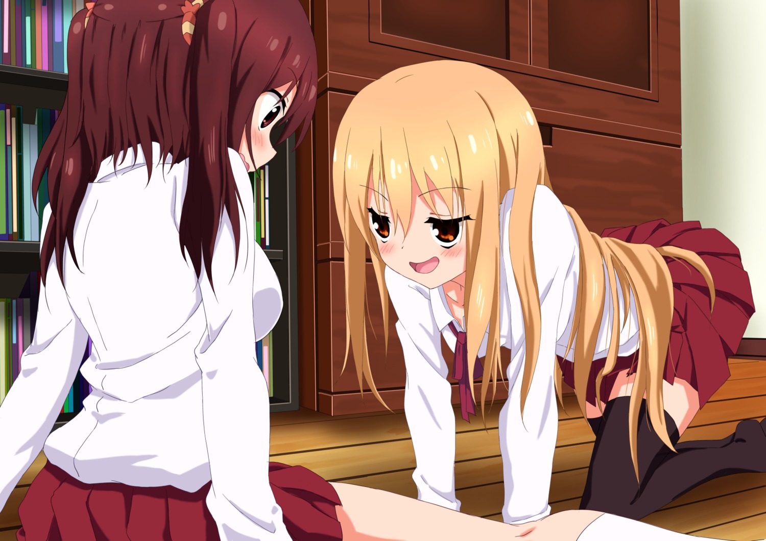 dbmaster, doma_umaru, ebina_nana, himouto!_umaru-chan, seifuku, skirt_lift, thighhighs, yuri
