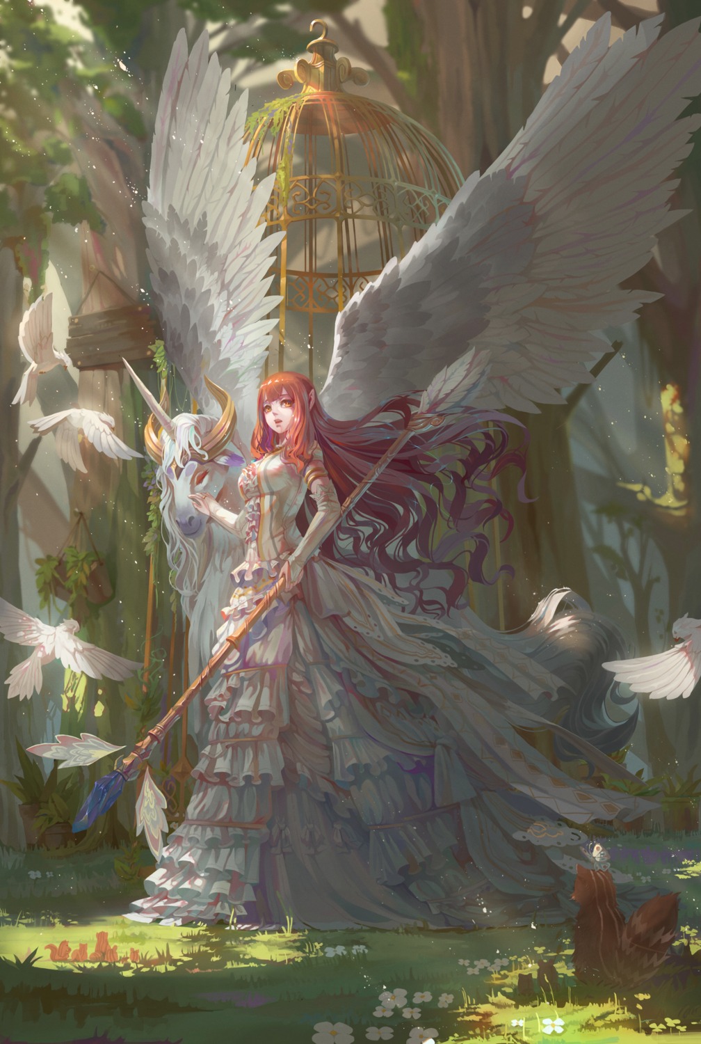 dress, miaoshang_sanxiao, pointy_ears, weapon, wings