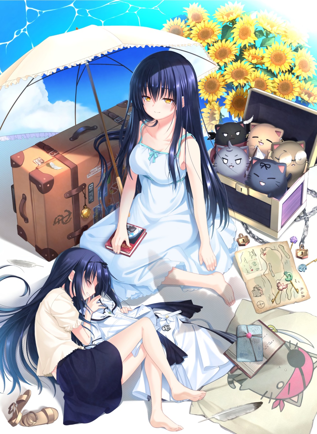 dress, kushima_kamome, kushima_sagi, neko, otou_(otou_san), skirt_lift, summer_dress, summer_pockets, umbrella