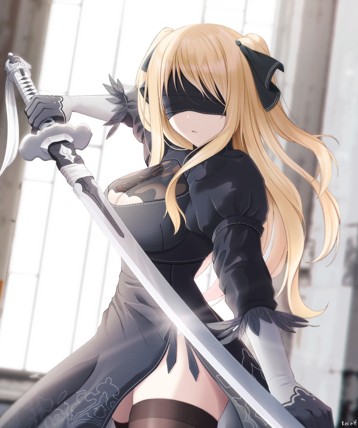 ao_no_kanata_no_four_rhythm, cleavage, cosplay, dress, keenh, nier, nier_automata, sword