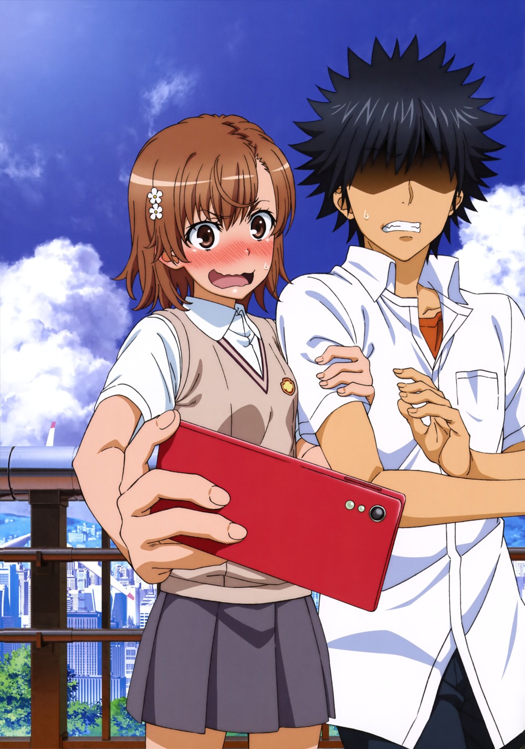 kamijou_touma, misaka_mikoto, seifuku, selfie, sweater, toaru_kagaku_no_railgun, toaru_majutsu_no_index