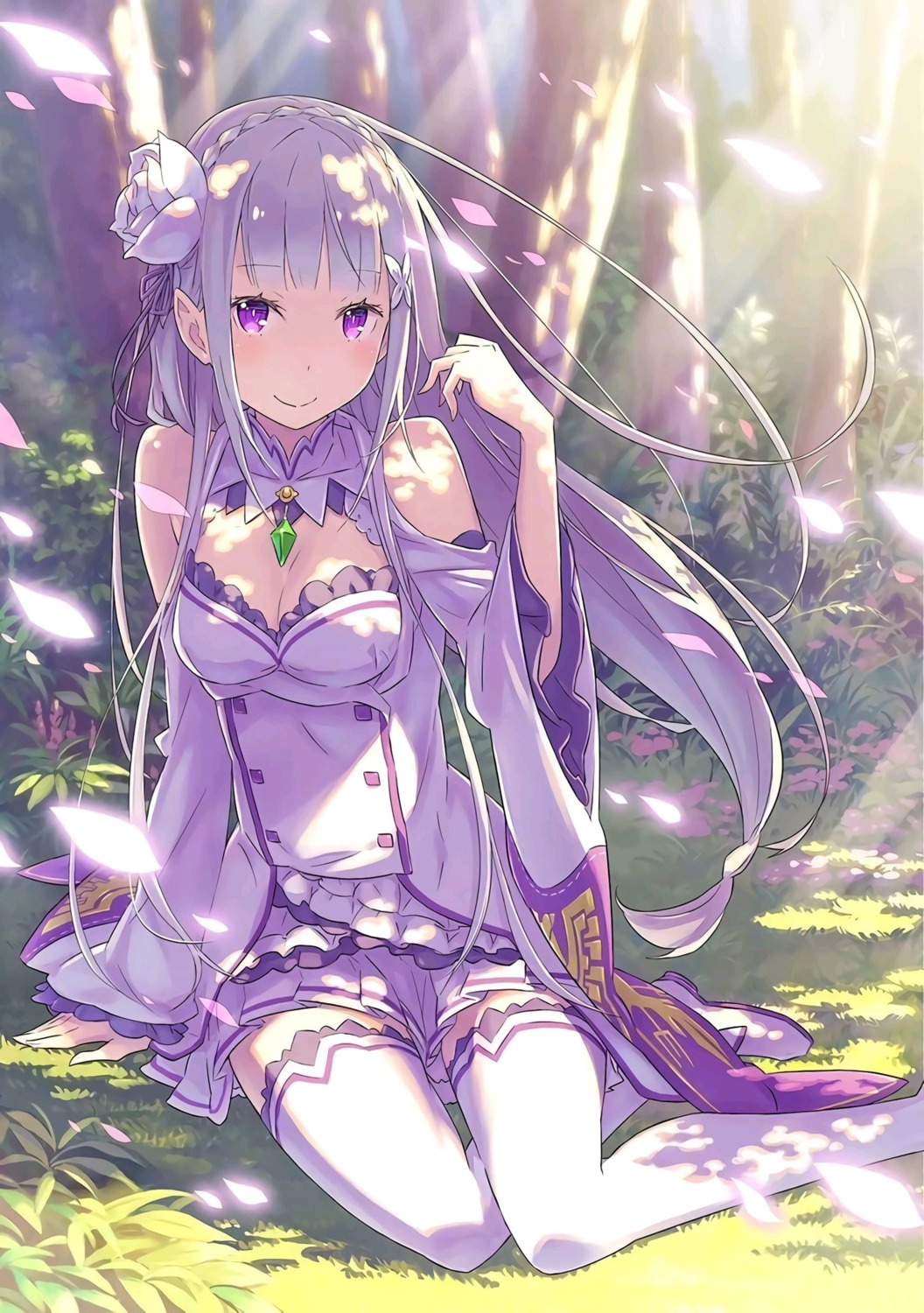 elf, emilia_(re_zero), ootsuka_shinichirou, pointy_ears, re:zero_kara_hajimeru_isekai_seikatsu, thighhighs