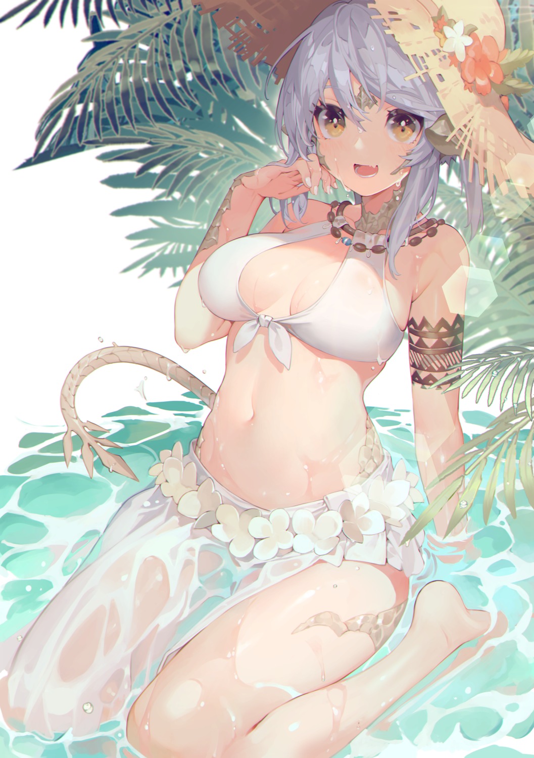 akizone, au_ra, bikini, final_fantasy, final_fantasy_xiv, horns, see_through, swimsuits, tail, wet, wet_clothes