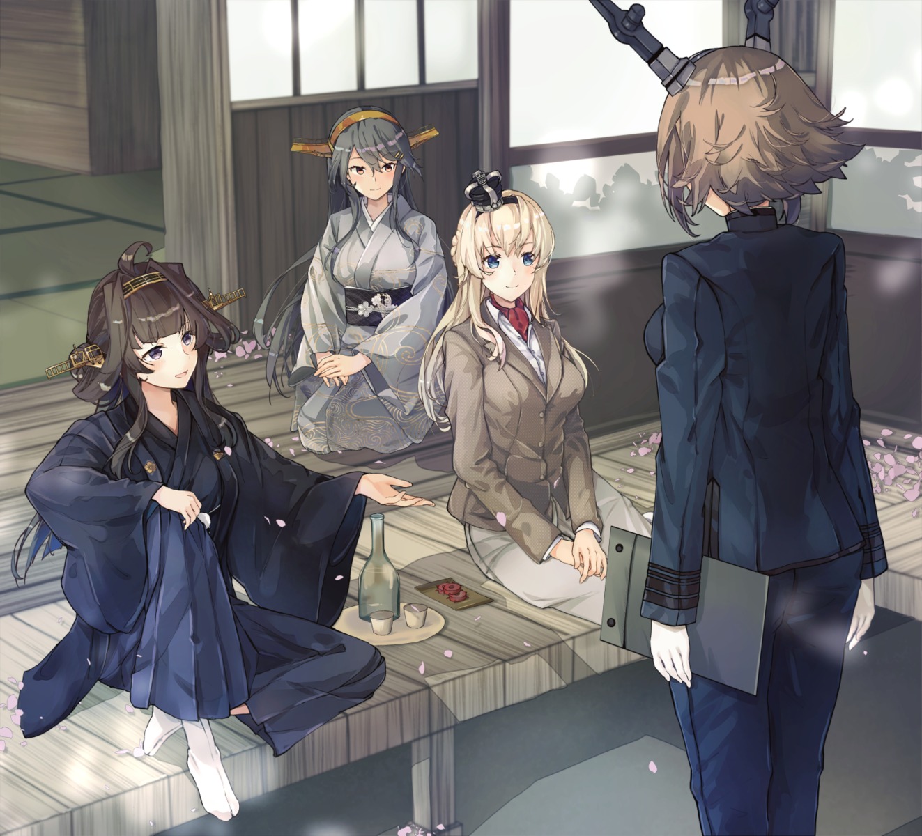 haruna_(kancolle), himeyamato, japanese_clothes, kantai_collection, kimono, kongou_(kancolle), mutsu_(kancolle), uniform