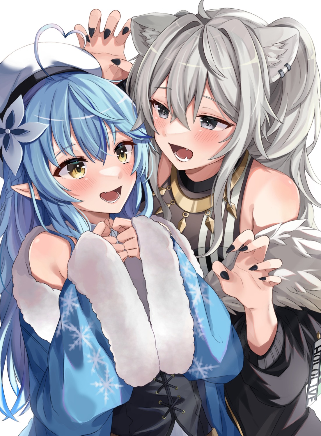 animal_ears, elf, hololive, moonbell, pointy_ears, shishiro_botan, yukihana_lamy, yuri