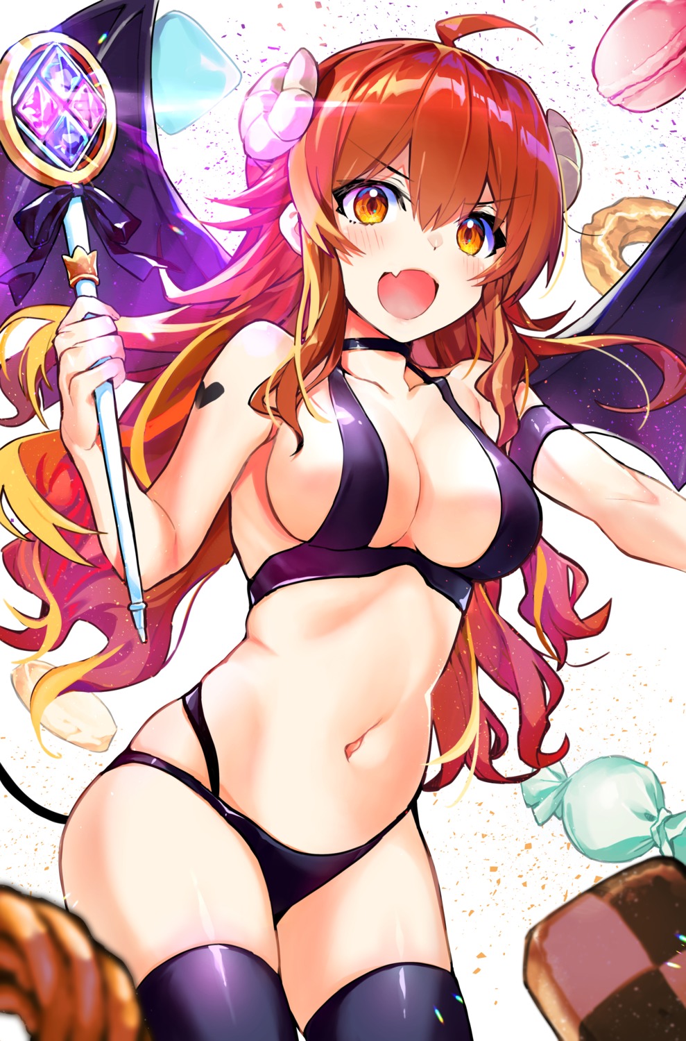 bikini_armor, horns, machikado_mazoku, narumiya_(empty_cafe), tail, thighhighs, weapon, wings, yoshida_yuuko_(machikado_mazoku)