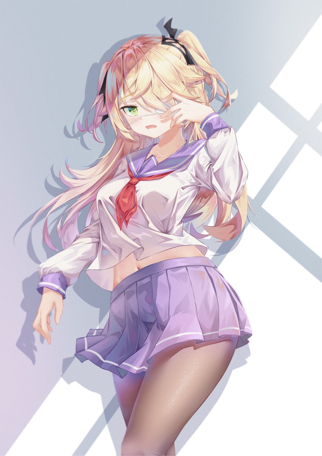 eyepatch, fischl, genshin_impact, pai_daxing, pantyhose, seifuku, skirt_lift