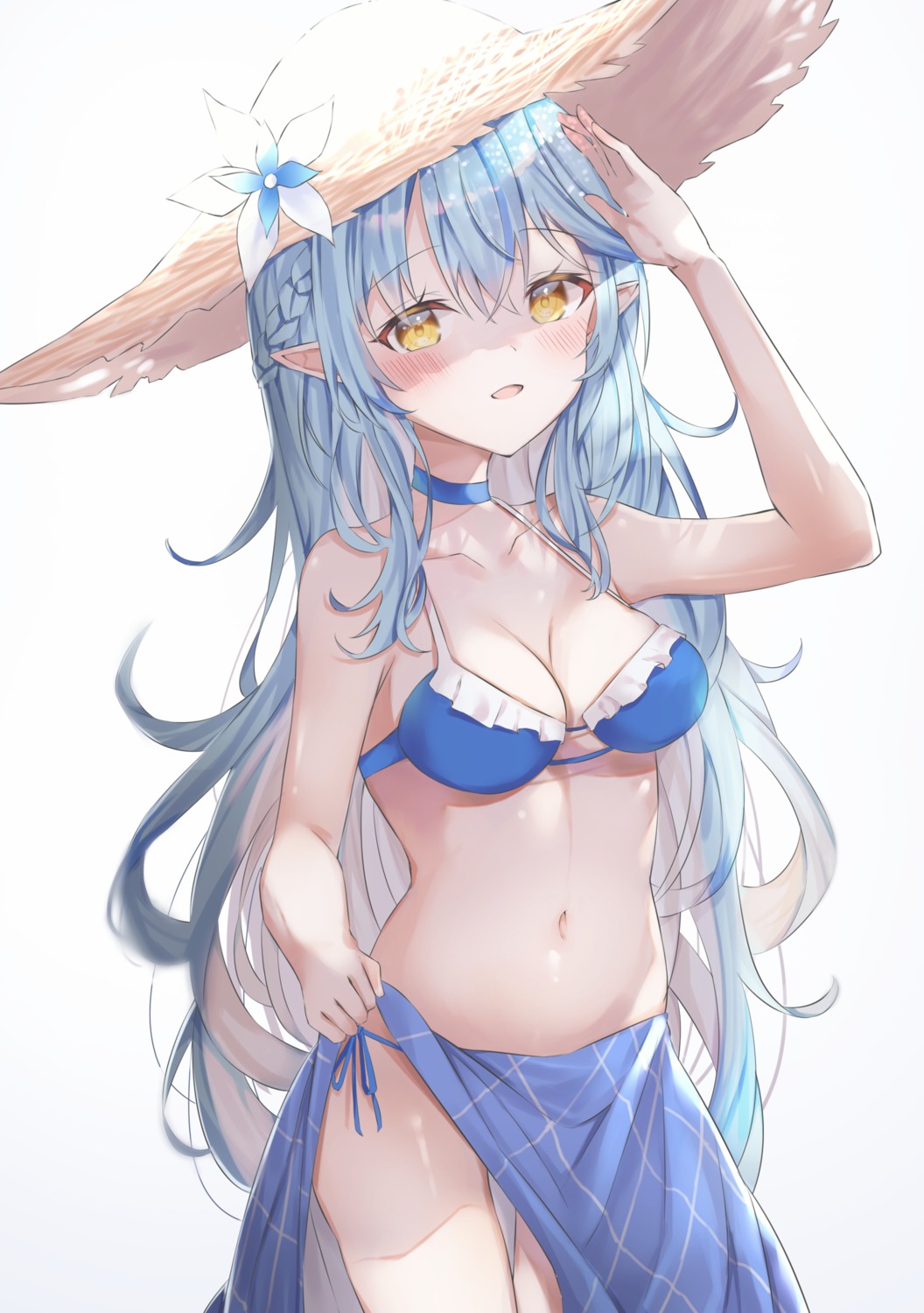 bikini, elf, hololive, pointy_ears, skirt_lift, sutei_(arece15), swimsuits, yukihana_lamy