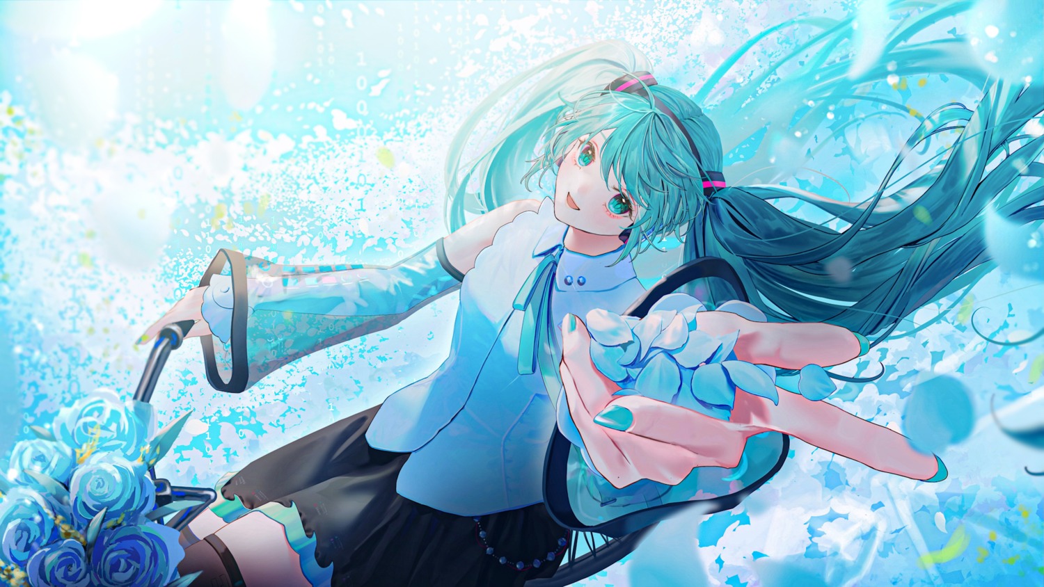 almn_sk, hatsune_miku, headphones, thighhighs, vocaloid