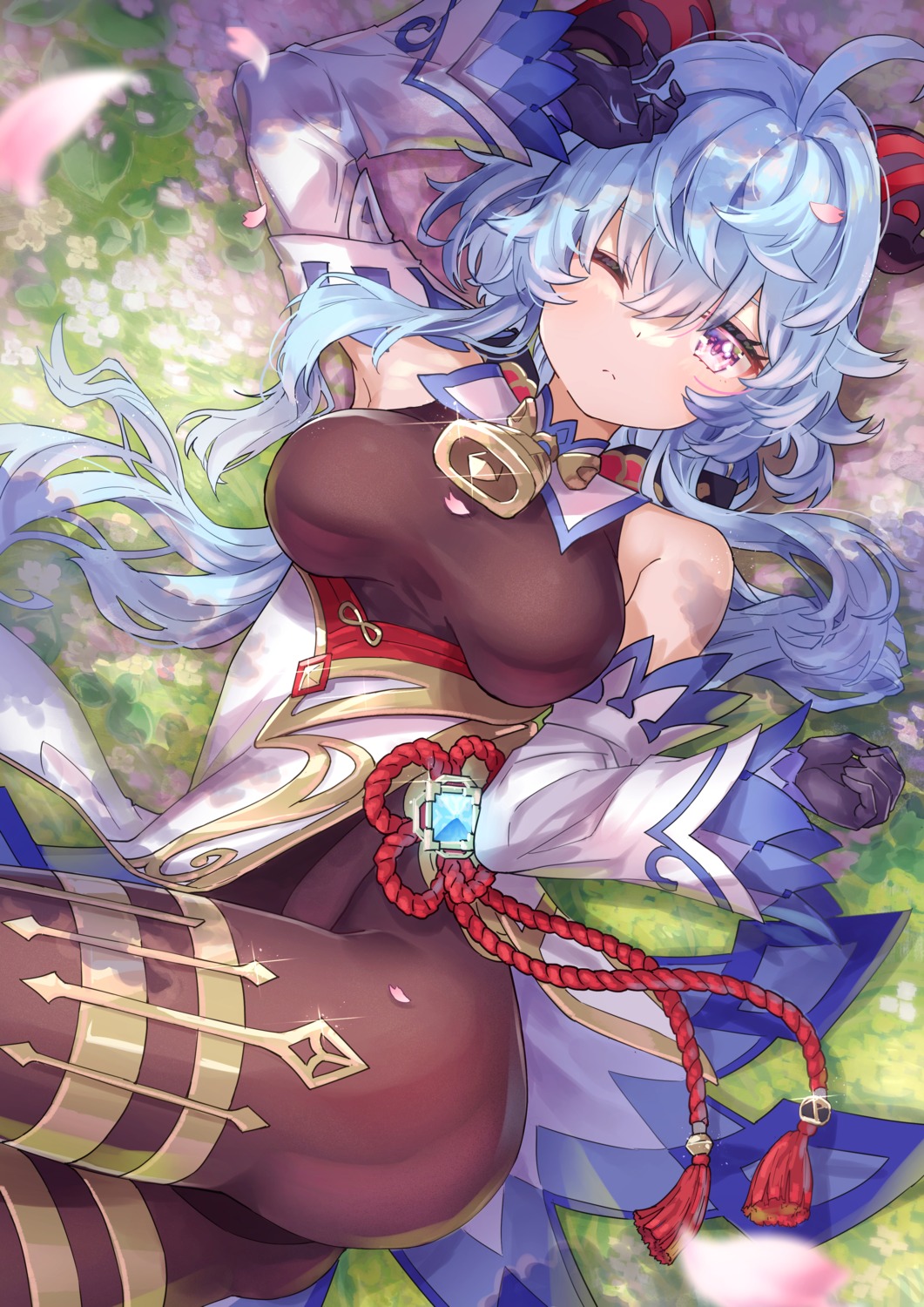 asian_clothes, ganyu, genshin_impact, hatsuga_(dmaigmai), horns, leotard, pantyhose, skirt_lift