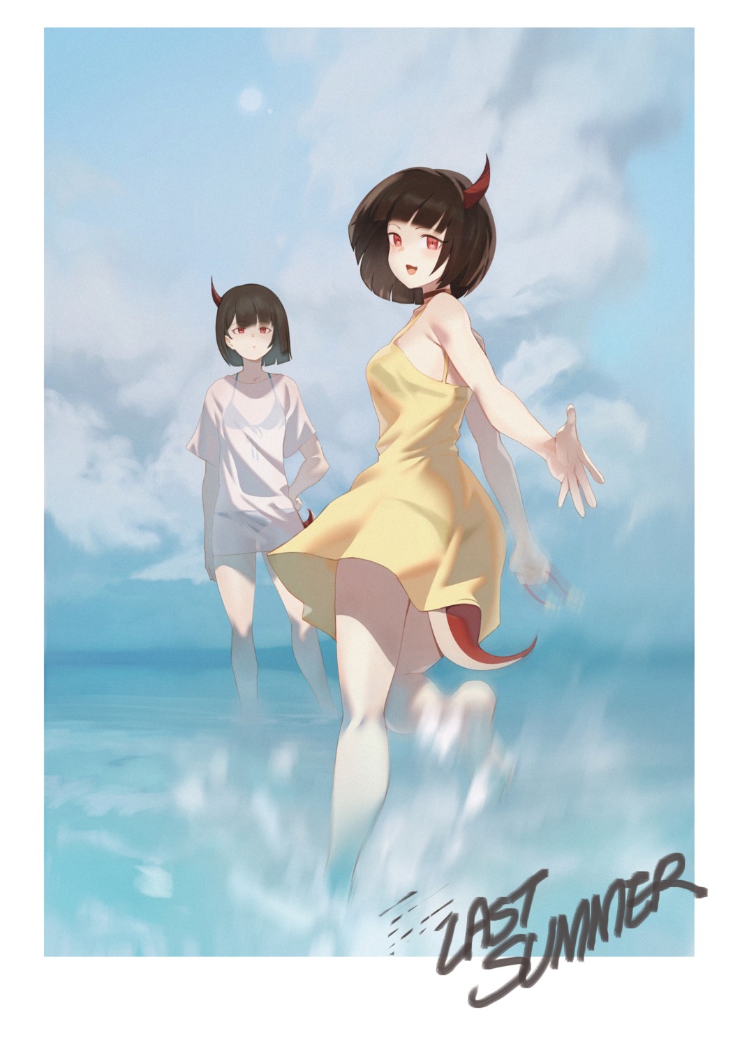 bikini, dress, horns, jin_rou, see_through, skirt_lift, summer_dress, swimsuits