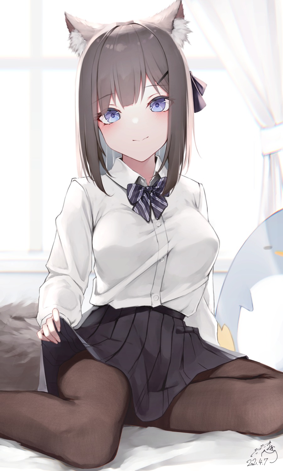 animal_ears, mayogii, nekomimi, pantyhose, seifuku, skirt_lift, tail