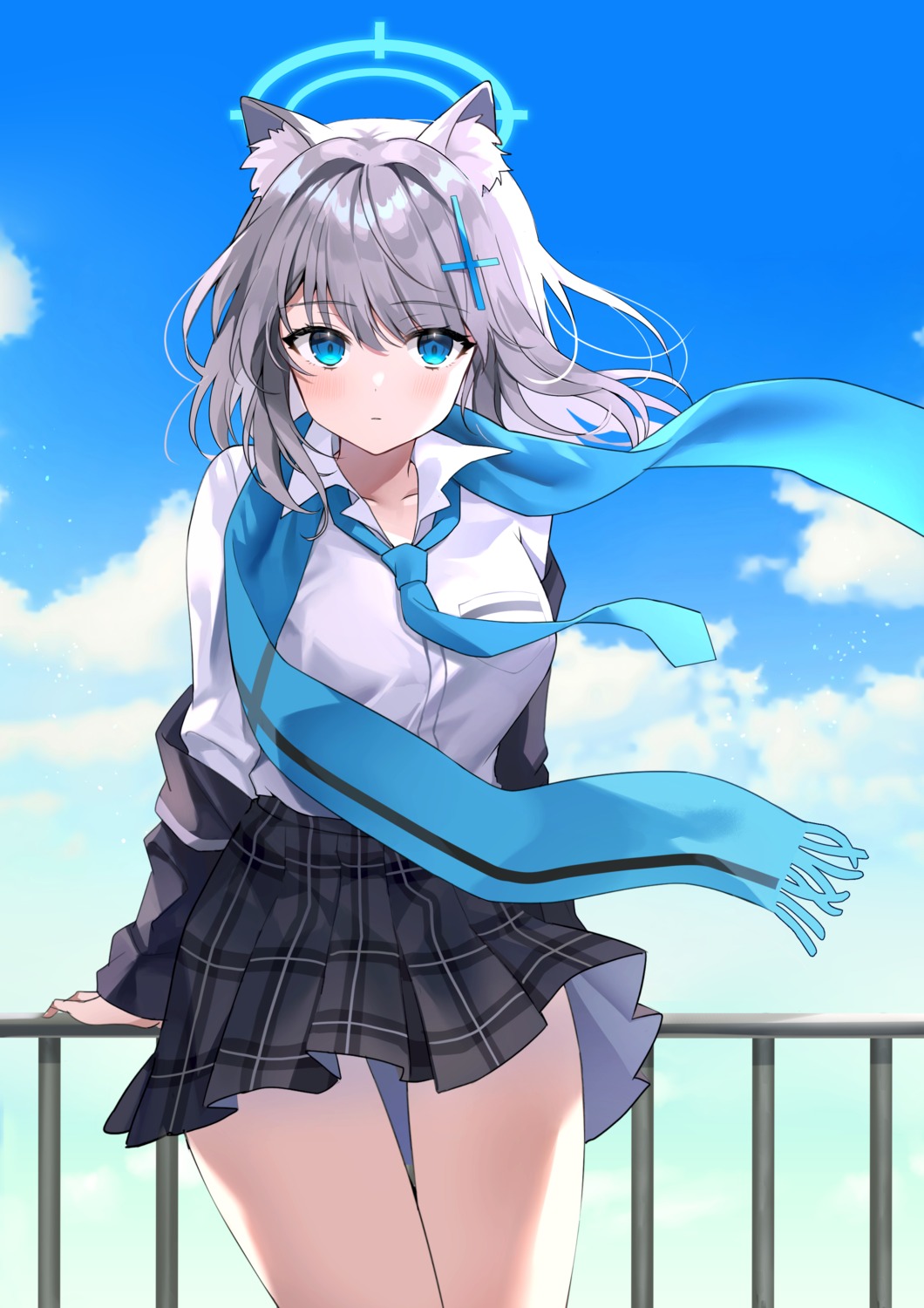 animal_ears, blue_archive, churi_(oxxchurixxo), halo, nekomimi, seifuku, skirt_lift, sunaookami_shiroko