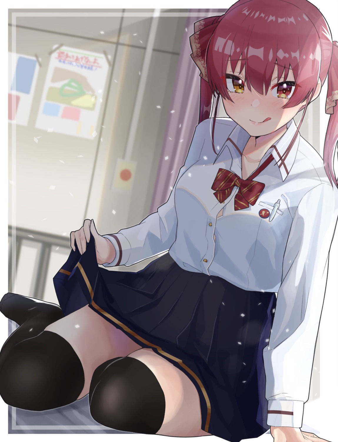 heterochromia, hololive, houshou_marine, seifuku, skirt_lift, tatedano_kabae, thighhighs