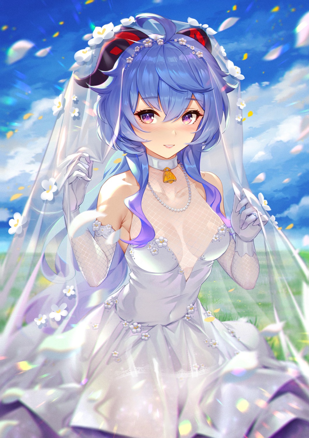 dress, fishnets, ganyu, genshin_impact, horns, no_bra, ring_(1079882045), wedding_dress