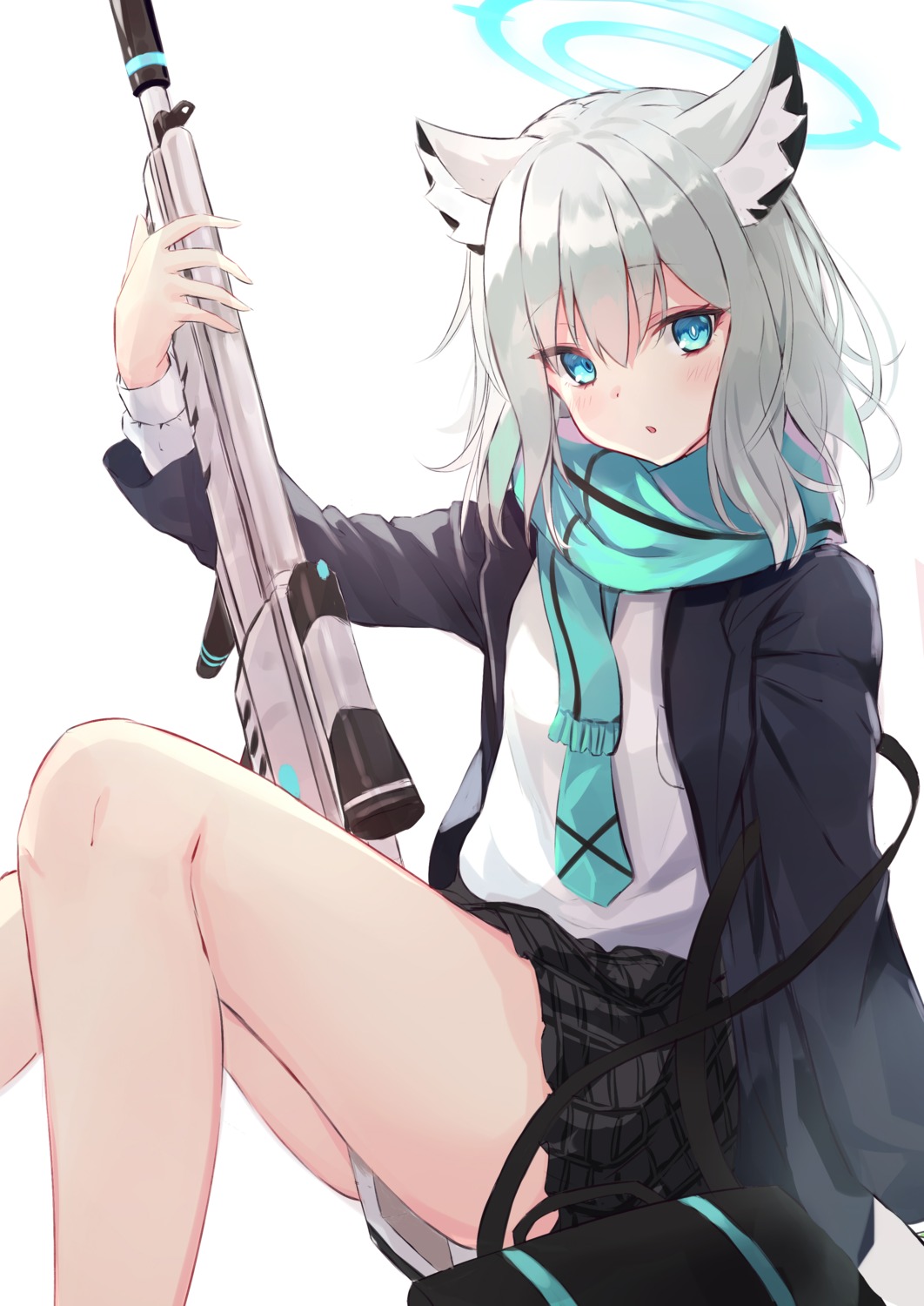 animal_ears, blue_archive, gun, halo, mikami_hotaka, nekomimi, seifuku, skirt_lift