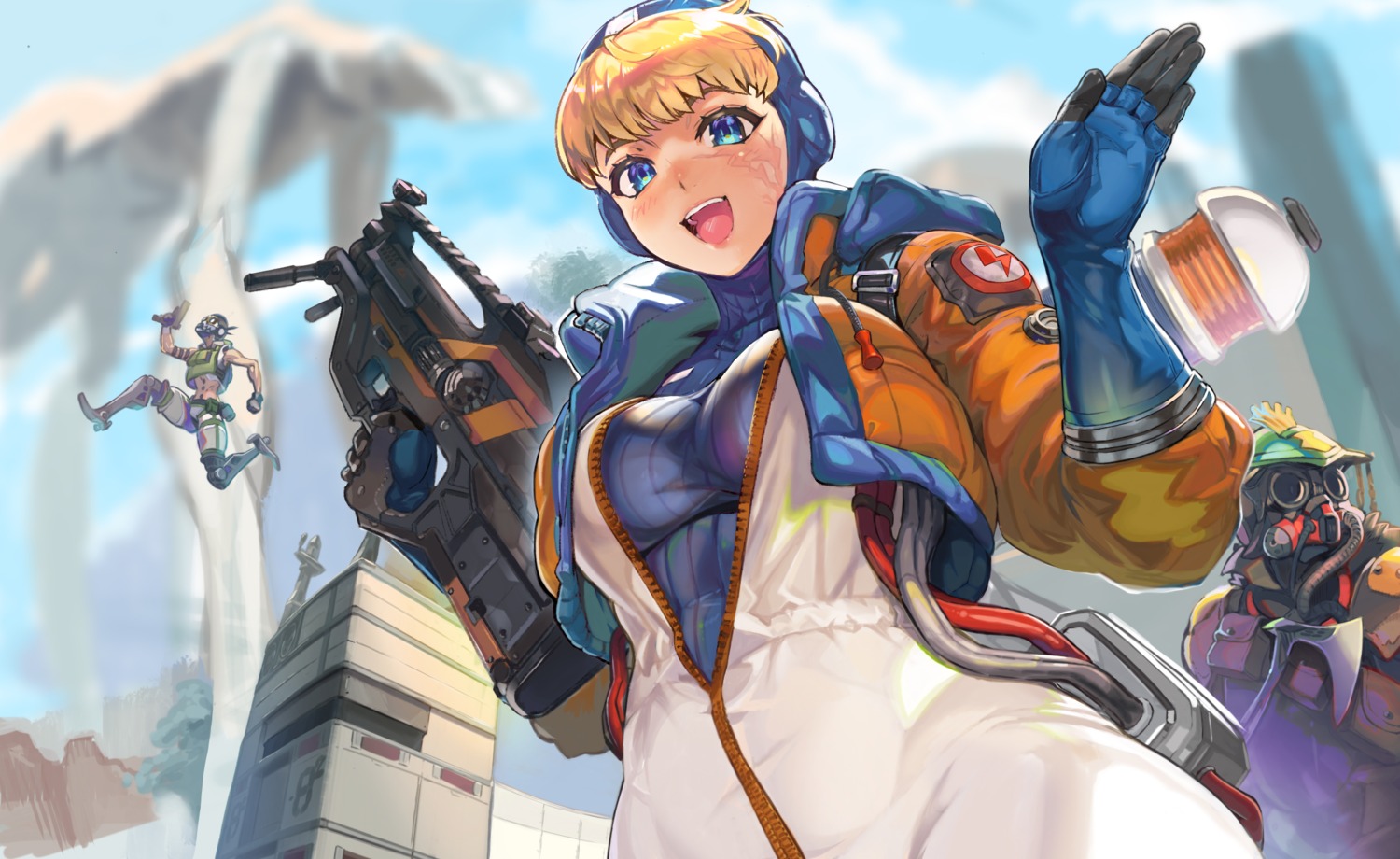 apex_legends, bodysuit, gun, octane, ookuma_nekosuke, wattson_(apex_legends)