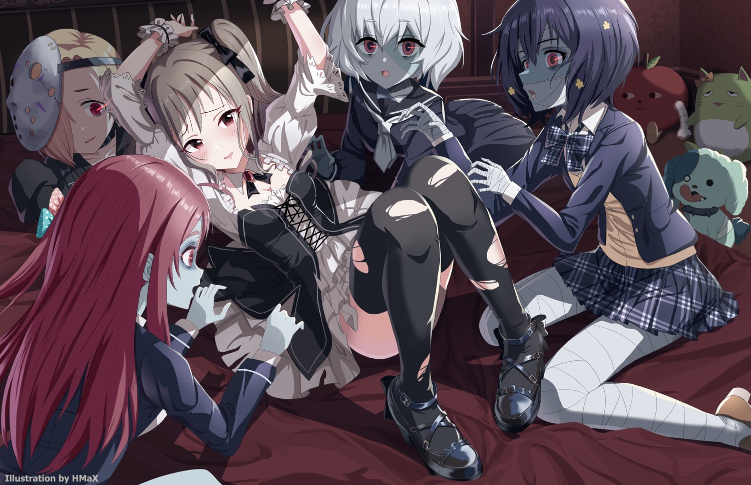 bandages, crossover, heels, hmax, kanzaki_ranko, konno_junko, lolita_fashion, minamoto_sakura, mizuno_ai, seifuku, shirasaka_koume, skirt_lift, sweater, the_idolm@ster, the_idolm@ster_cinderella_girls, thighhighs, torn_clothes, zombieland_saga